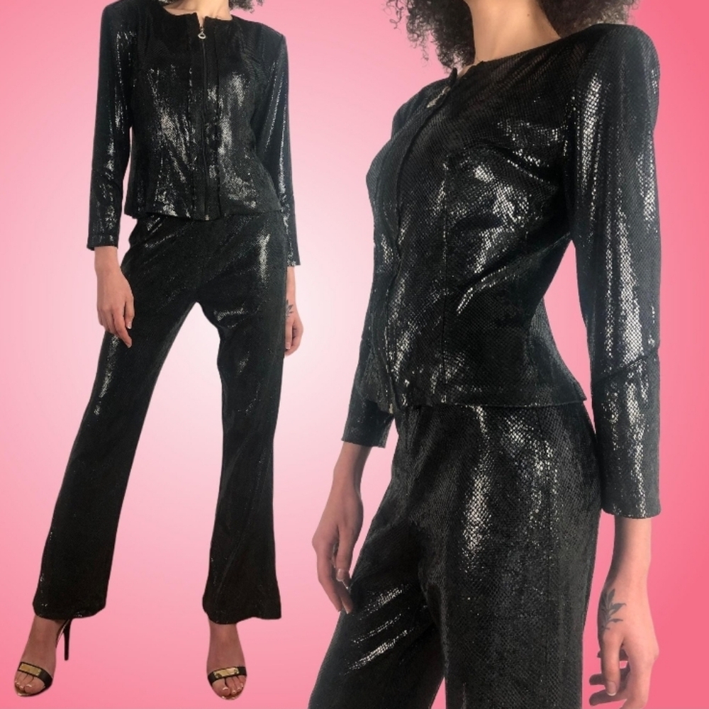 Vintage Janine Reptile Sequin Vintage Pants Blavk Suit Sz M